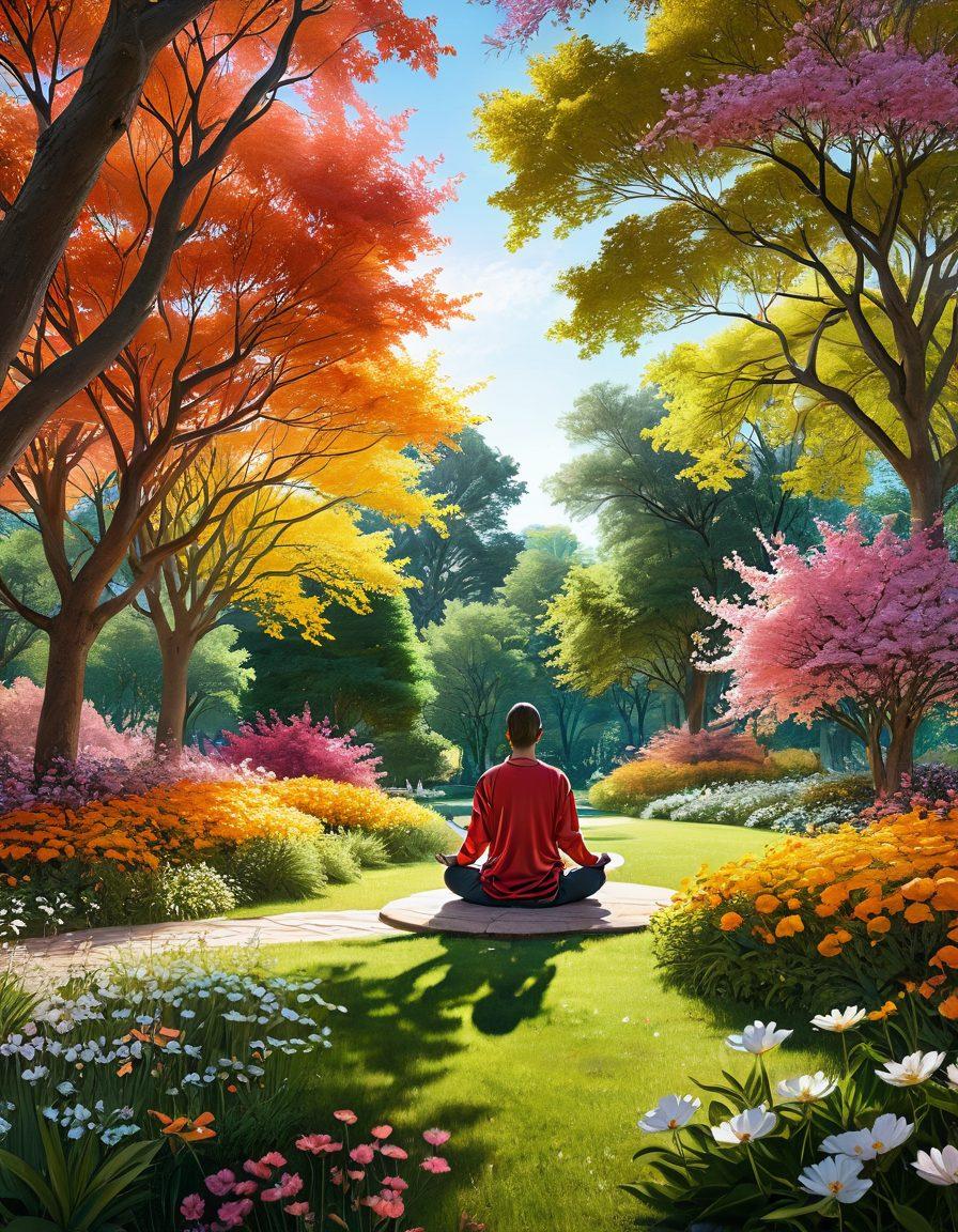 A serene landscape depicting a person meditating in a tranquil park filled with vibrant trees and blooming flowers, surrounded by glowing digital connections represented by flowing light trails connecting them to various elements of nature. The sky is a gradient of warm colors, symbolizing renewal and hope. Encourage a feeling of peace and restoration in the composition. super-realistic. vibrant colors. 3D.