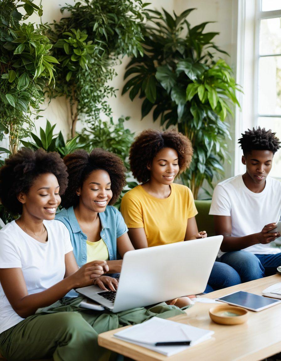 A serene and uplifting scene depicting diverse individuals engaged in various forms of online recovery and rehabilitation activities, showcasing laptops and tablets. The environment is bright and healing, filled with nature elements like plants and sunlight, symbolizing growth and renewal. Include comforting and supportive gestures, like virtual group sessions or therapy chats, emphasizing community and connection. The overall palette should convey warmth and hope. super-realistic. vibrant colors. white background.